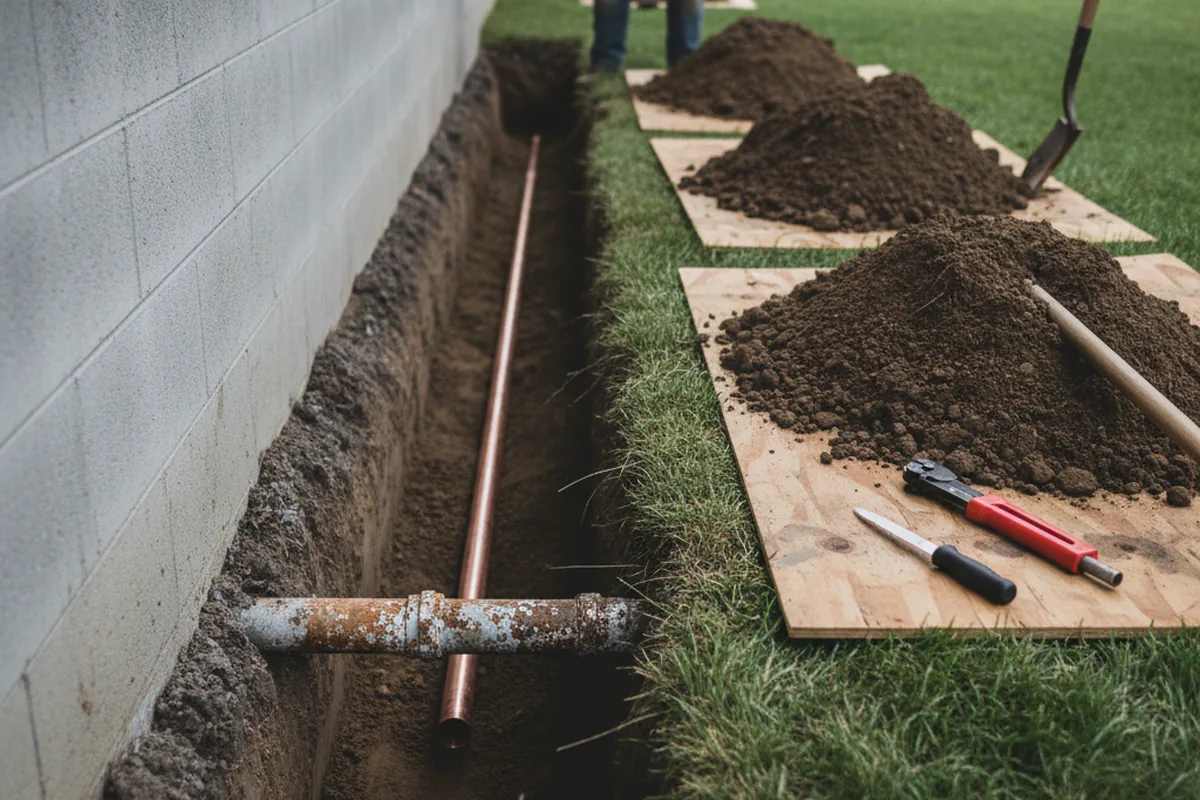 Excavated water line trench during Water Softener Installation in Teterboro
